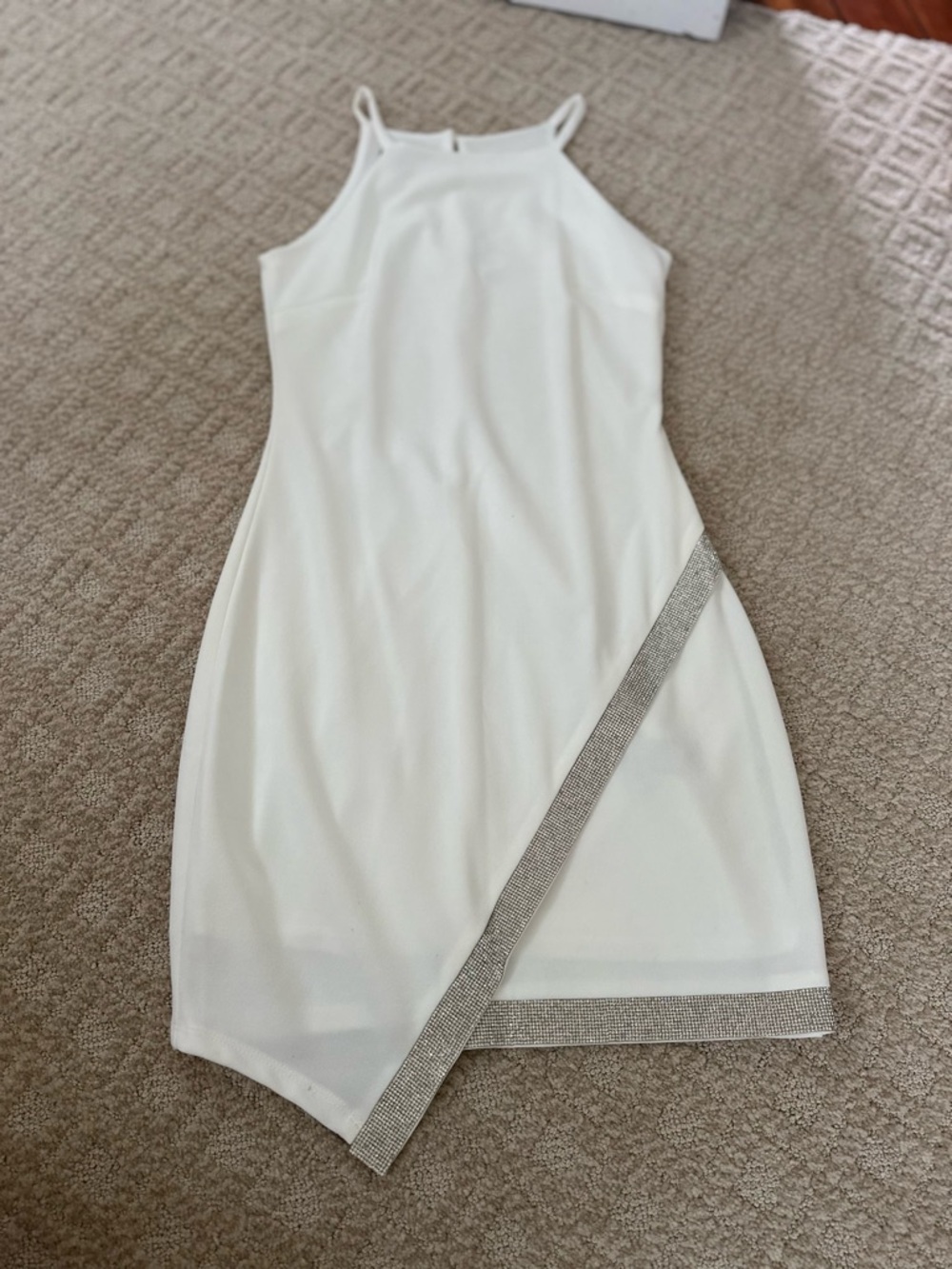 BCX White Asymmetrical Halter Mini Dress with Silver Rhinestone Trim
